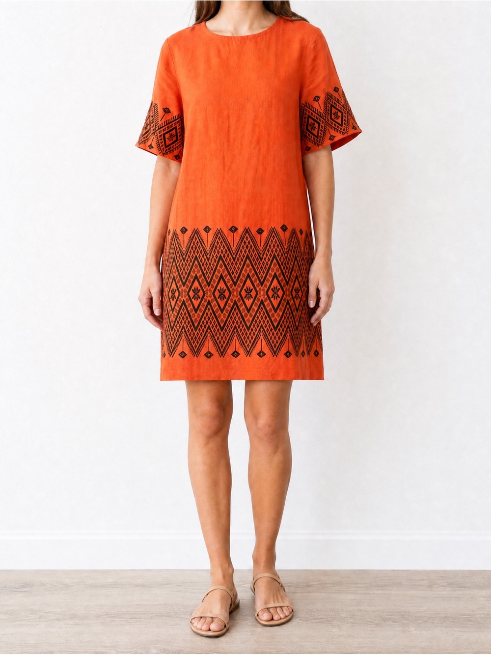 Women’s Boho Coral Orange Embroidered Shift Dress M Geometric Square Neck